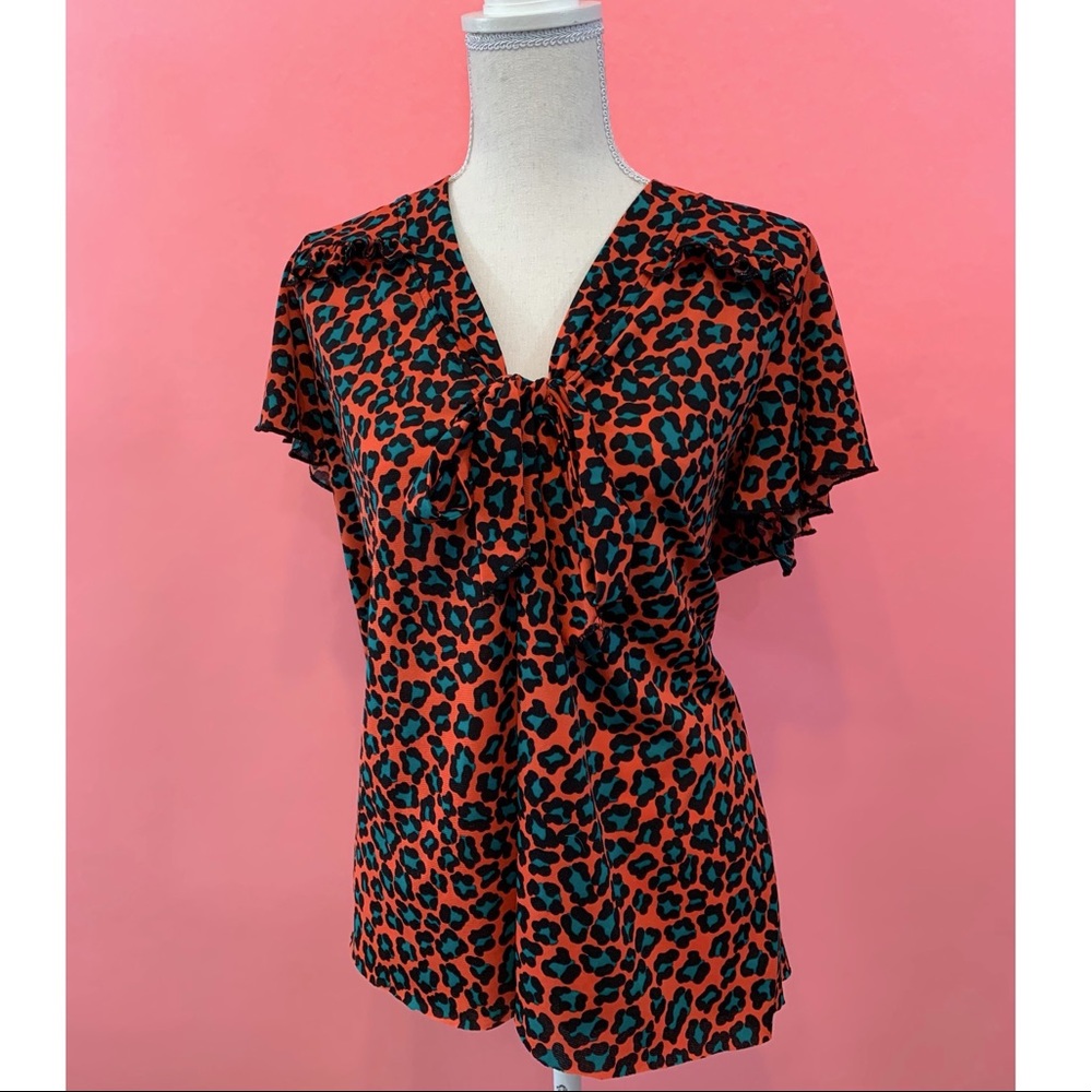 Neon Orange & Blue Leopard Print Blouse